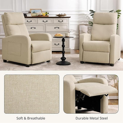 Recliner Chair for Living Room, Modern Adjustable Home Theater Seating Single Sofa Manual Push Back Armchair with Soft Linen Upholstery & High Backrest for Small Spaces, Linen-Cream