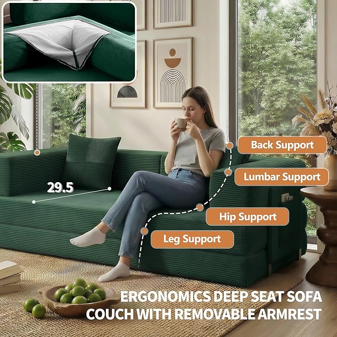 78.8" Convertible Sofa Bed with Armrest Pillow, 4-in-1 Sleeper Couch Bed for Livingroom, Modular Corduroy Boneless couches, No Assembly (Forest Green)