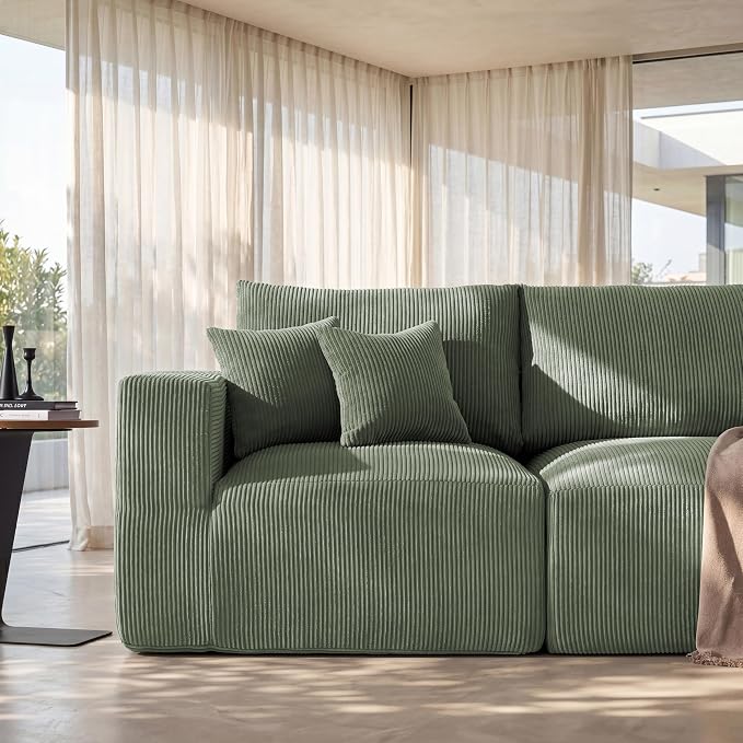 Modular Sectional Sofa Bed with Ottoman, 79" Memory Foam Cloud Couch, Boneless Loveseat Corduroy Upholstered Floor Couch, No Assembly Required Living Room Furniture for Apartment Bedroom, Green