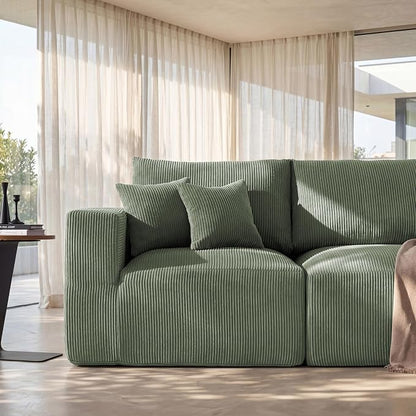Modular Sectional Sofa Bed with Ottoman, 79" Memory Foam Cloud Couch, Boneless Loveseat Corduroy Upholstered Floor Couch, No Assembly Required Living Room Furniture for Apartment Bedroom, Green