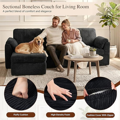 Sectional Couches for Living Room Cloud Couch with Ottoman, Upholstered Boneless Couches Modern Modular L Shaped Couch 3 Seater Sofa, No Assembly, Washable Covers, Black