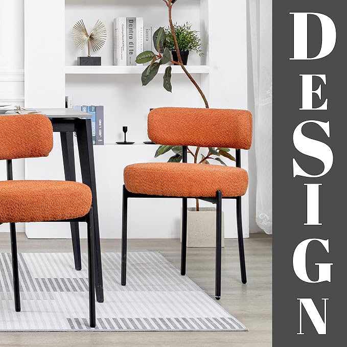 DYHOME Boucle Dining Chairs Set of 4, Upholstered Kitchen Dining Room Chairs, Side Chairs with Thick Cushions and Metal Legs for Kitchen Living Room, Orange