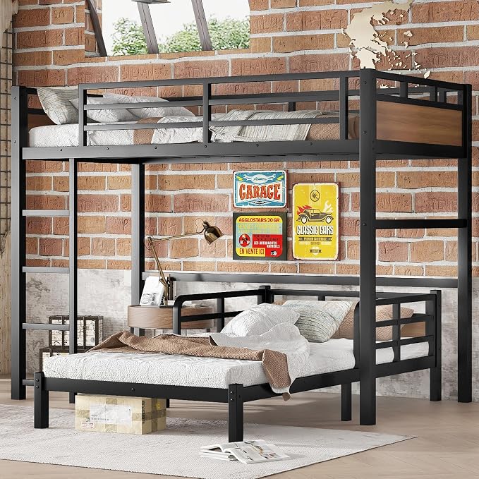 Twin XL Over Twin XL Metal Bunk Bed, Heavy Duty Convertible Bunk Bed Frame with Headboard & Full Guardrails, Can Be Split into Two Platform Beds or Loft Bed,Walnut