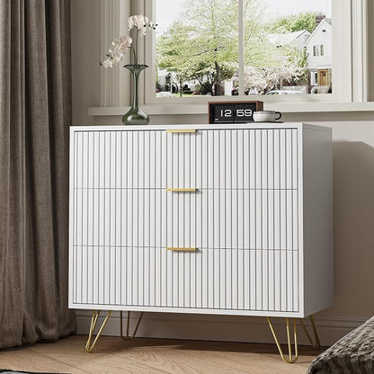 MAISONARIA White 3 Drawer Dresser for Bedroom, Modern Closet Dressers Chest of Drawers, Fluted Dresser Chest Cabinet with Gold Metal Handles, Nightstand for Bedroom, Living Room, Hallway, Entryway