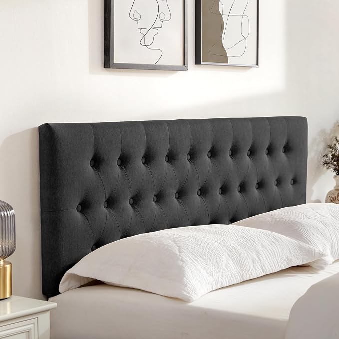 Tufted Upholstered Headboard King Size, Adjustable Height 37- 51 in, Black | Sturdy and Durable Solid Wood Bed Headboard, Fabric King Headboard Only, Modern Button Diamond Design Head Board