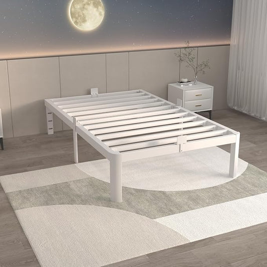 ITIMIDI 14 Inch Twin White Bed Frames, Metal Twin Platform Bed Frame with Round Corner Legs, Heavy Duty Steel Support 3500 LBS, Storage Space, No Box Spring Needed, Noise Free, Easy Assembly
