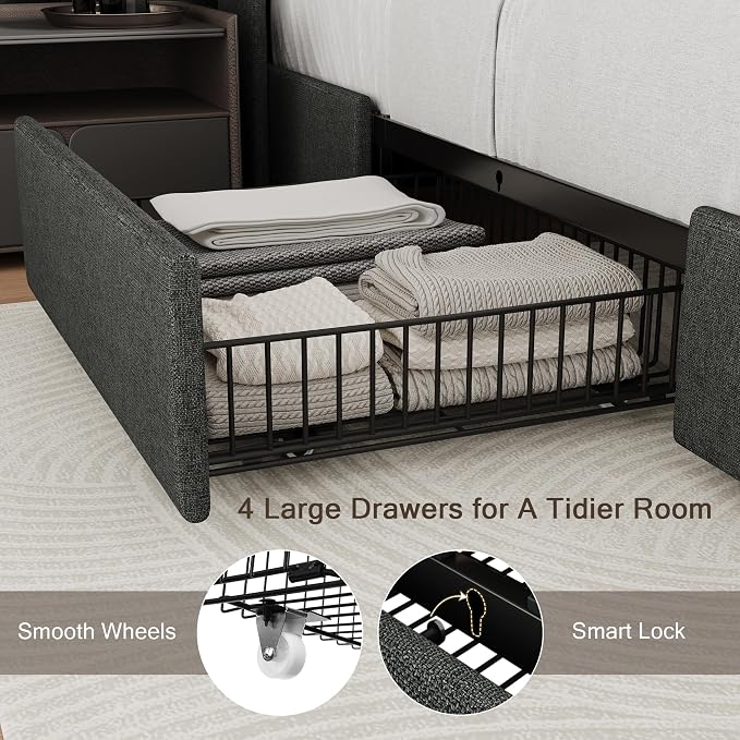 Einhomn Full Size Bed Frame with 4 Storage Drawers and Charging Station, Upholstered Platform Bed Frame with Storage Headboard, No Box Spring Needed, Easy Assembly, Dark Grey