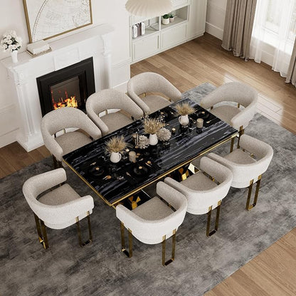 Boucle Dining Chairs Set of 7, White Barrel Dining Chairs with Arms and U-Shaped Mirrored Gold Legs, Modern Side Chairs for Dining Table, Kitchen and Dining Room Restaurant Recepition