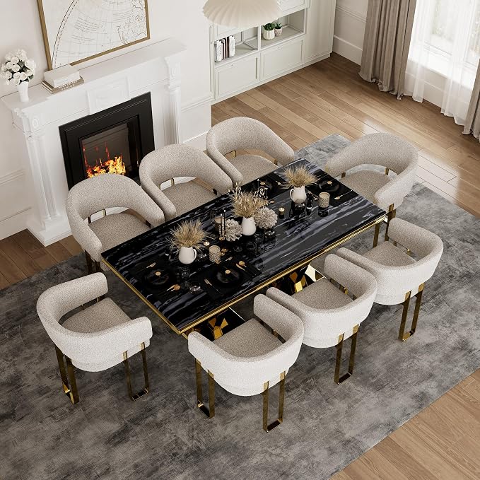 Dining Chair with Arms, Luxury Off White Boucle Barrel Dining Room Chair with Mirrored Gold U-Shaped Legs for Kitchen, Bedroom, Makeup Room, Set of 24