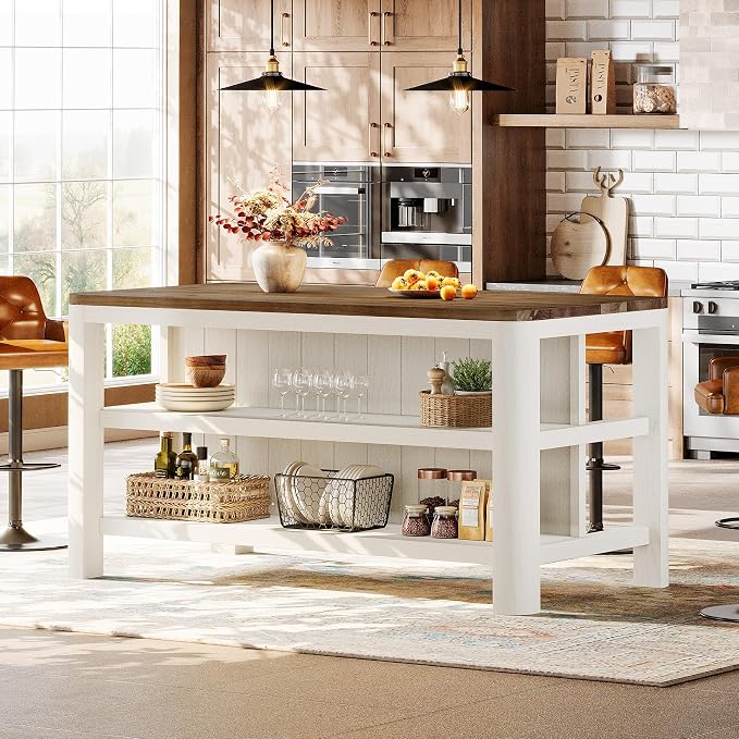 63-Inch Solid Wood Kitchen Island with Storage Shelves, Farmhouse Island Table with Seating, Counter Height Bar Table for Dining Room, Kitchen, Easy to Assemble, Brown and White