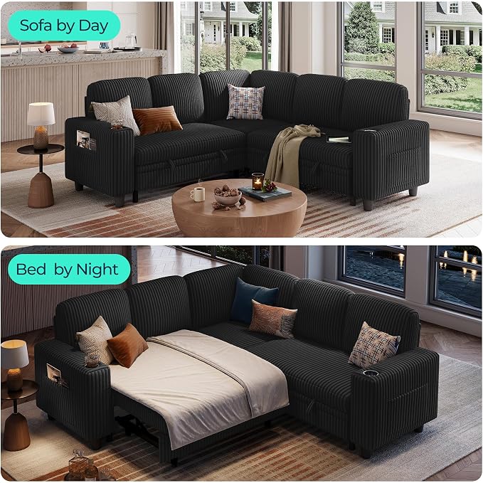 LINSY HOME Sectional Sleeper Sofa Pull Out Couches for Living Room (Black, Sleeper Sofa 2) | Pull Out Sofa Bed, Storage, USB Charging, Cup Holders, Plush Corduroy