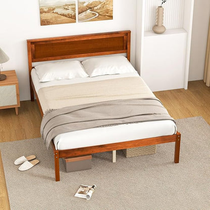Giantex Full Size Wood Platform Bed with Headboard, Mid Century Solid Wood Full Bed with Slat Support, Double Bed Frame with 16" Under Bed Storage, No Box Spring Needed, Easy Assembly, Walnut