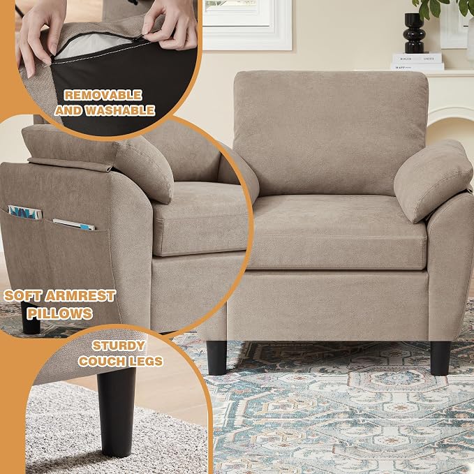 3 Piece Convertible Sectional Sofa Set, Modern Linen Small L Shaped Couch with Reversible Ottoman and Accent Chair, 3-Seat Sofa Couches for Living Room, Office, Apartment, Beige