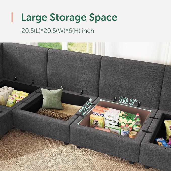 HONBAY Modular Sectional Sofa with Storage L Shaped Sectional Sofa, Convertible Couches for Living Room - Snowflake Velvet Grey