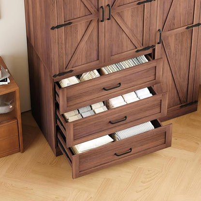3 Door Armoire Wardrobe Closet Cabinet with 3 Drawers and Drawers, Farmhouse Bedroom Armoire with Hanging Rod and Adjustable Shelves, Large Capacity Storage Wardrobe Armoire for Bedroom, Brown