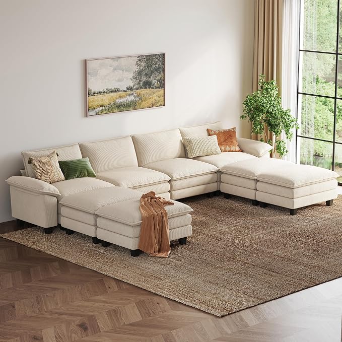 LINSY HOME 157'' Modular Sectional Sofa 4 Seat Couch Corduroy Cloud Couch with Deep Seat, Modern Cloud Couch with 4 Movable Ottoman for Living Room, Office, Bedroom, Beige
