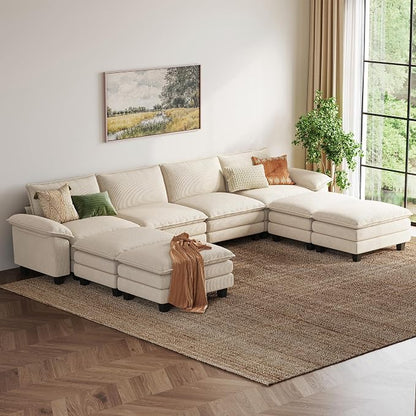 LINSY HOME 157'' Modular Sectional Sofa 4 Seat Couch Corduroy Cloud Couch with Deep Seat, Modern Cloud Couch with 4 Movable Ottoman for Living Room, Office, Bedroom, Beige