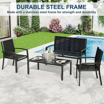 Garvee 4 Piece Patio Bistro Furniture Set, Outdoor Conversation Set with 3 Chairs, Loveseat & Glass Coffee Table, All-Weather Textilene Fabric & Steel Frame for Backyard, Poolside, Porch, Lawn - Black