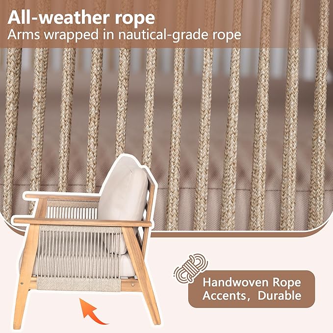 Merax Outdoor 4-Piece Acacia Wood & Rope Sectional Patio Corner Set, L-Shaped Sofa with Coffee Table, Handmade Woven Garden Furniture for Poolside & Deck