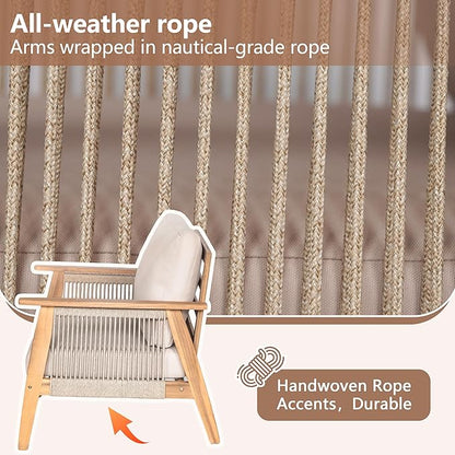 Merax Outdoor 4-Piece Acacia Wood & Rope Sectional Patio Corner Set, L-Shaped Sofa with Coffee Table, Handmade Woven Garden Furniture for Poolside & Deck