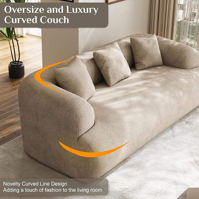 91" Boneless Couch,Cloud Couch,Chenille Curved Sofa with 3 Seater and 3 Pillows, Modern Compression Sofa for Living Room, Bedroom and Apartment, No Assembly Required, Light Brown