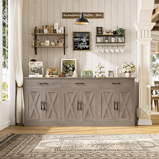 HOSTACK 71" Large Sideboard Buffet Cabinet with Storage, Farmhouse Coffee Bar Cabinet with 3 Drawers, Long Kitchen Buffet Table, Kitchen Sideboard Storage Cabinet for Dining Room, Living Room, Grey