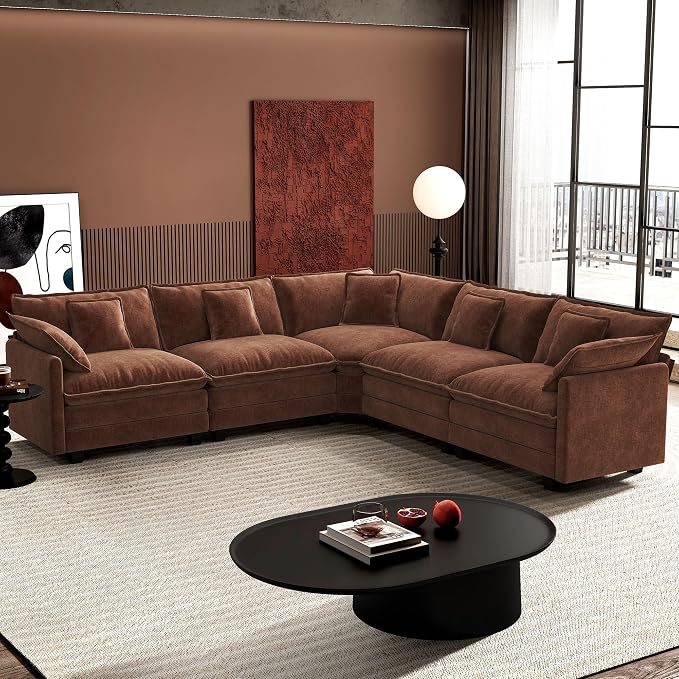 Ihanherry 114" V-Shaped Modern Sofa Modular Sectional Luxurious and Comfortable with Corner Section, 5-Seat Chenille Deep Seat Sofa with 5 Pillows for Living Room, Bedroom and Apartment, Brick Red