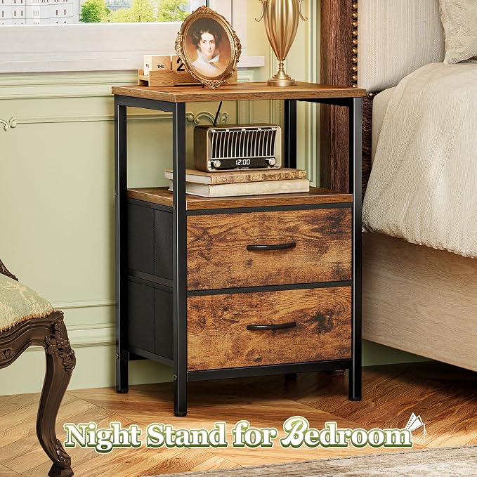 Huuger Night Stand with 2 Drawers, Bed Side Table with Open Shelf, Wooden Top, Nightstand for Bedroom, End Table for Small Space, Fabric Drawer, Rustic Brown