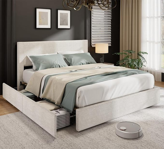 Garvee Corduroy Full Bed Frame with Headboard, Platform Upholstered Bed Frame with 4 Storage Drawers and Wooden Slats Support, No Box Spring Needed, Beige