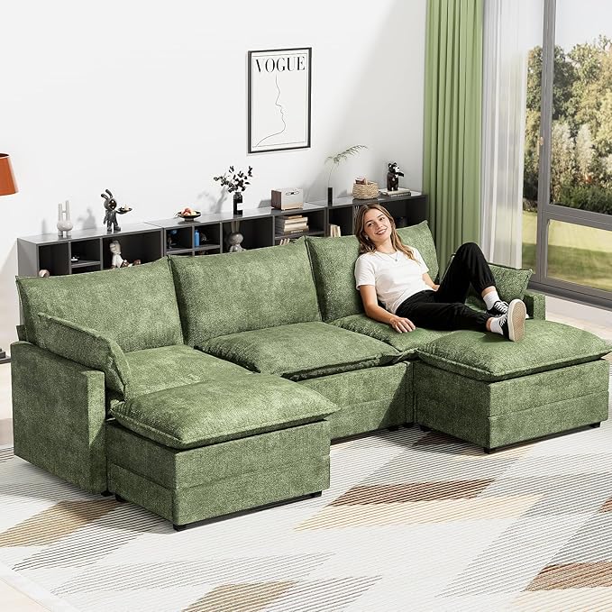 LEVELEVE 112.5" U-Shape Modular Sofa with 2 Ottomans, Deep Seat Cloud Convertible Sleeper, 2 Arm Pillows, Comfortable Upholstered Furniture for Living Room Apartment, Green