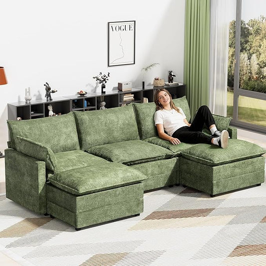LEVELEVE 112.5" U-Shape Modular Sofa with 2 Ottomans, Deep Seat Cloud Convertible Sleeper, 2 Arm Pillows, Comfortable Upholstered Furniture for Living Room Apartment, Green