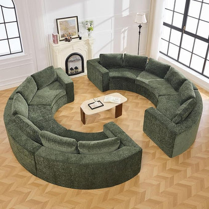 WUTUTUEE 142'' Curved Round Boneless Couch, Oversized Circular Sofa with Deep Seat & Arms, Chenille Modular Sectional Sofa with Pillows, Upholstered Comfy 12 Seat Couch for Living Room, Green