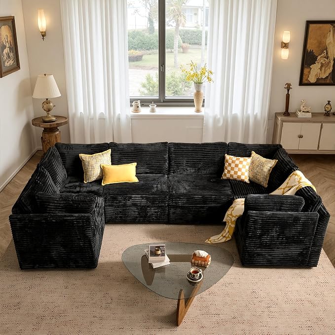ovios Modular Sectional Sofa Couch with U-Shape Chaises Convertible, Comfy Plush Corduroy Cloud Couches, Modern Luxury Deep Seat Sofas Set for Living Room, 6-Seater, Black