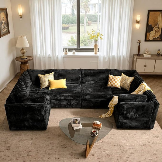 ovios Modular Sectional Sofa Couch with U-Shape Chaises Convertible, Comfy Plush Corduroy Cloud Couches, Modern Luxury Deep Seat Sofas Set for Living Room, 6-Seater, Black