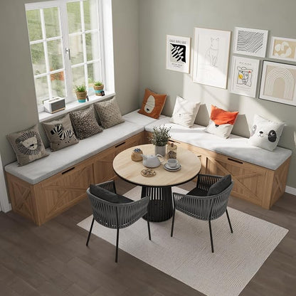 Bobve L-Shape Storage Bench with Cushion, Backless Corner Dining Bench, Kitchen Dining Nook Bench with Hidden Storage for Dining Room, Kitchen, Entryway (Wood+White)