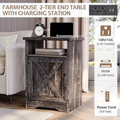 LUXOAK 3-Piece Farmhouse Living Room Table Sets, Includes 1 x Coffee Table, 2 x End Tables with Charging Station & USB Ports, Rustic Coffee Table Set of 3, Black Oak
