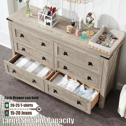 T4TREAM 54" Wide Farmhouse 6-Drawer Dresser for Bedroom, Light Rustic Oak | Rustic, Wood Storage Cabinet, Metal Handle, Unique Corner Accent, Bedroom, Living Room, Hallway