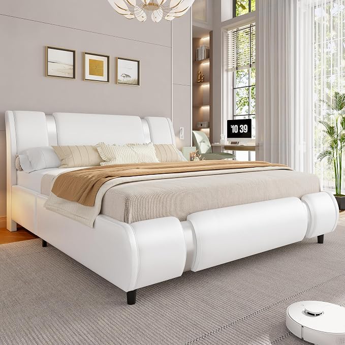 Keyluv Modern Queen Size Bed Frame with Mirror Metal Decoration, Faux Leather Upholstered Platform Bed with Curved Headboard, Wooden Slats Support, No Box Spring Needed, White