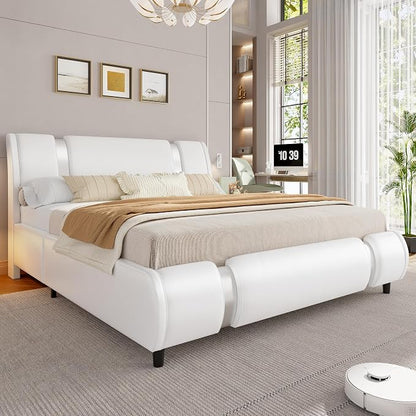 Keyluv Modern Queen Size Bed Frame with Mirror Metal Decoration, Faux Leather Upholstered Platform Bed with Curved Headboard, Wooden Slats Support, No Box Spring Needed, White