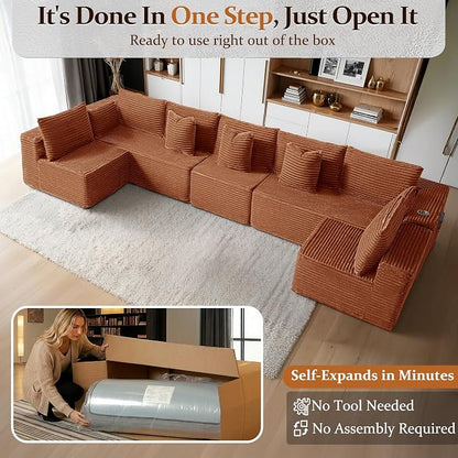 168" Cloud Sectional Couch, Comfort U Shaped Sofa for Living Room, Extra Deep Seats No Assembly, Minimalist Modular Couch, Corduroy (Deep Orange, 7 Seats,U-Shape B)