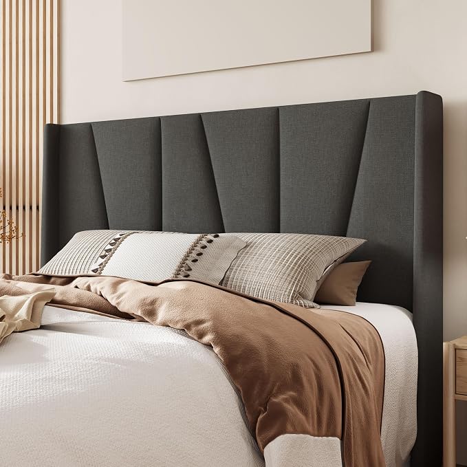 Allewie Queen Size Platform Bed Frame with Geometric Wingback Headboard, Boho Upholstered Bed with Wooden Slats Support, No Box Spring Needed, Easy Assembly, Dark Grey