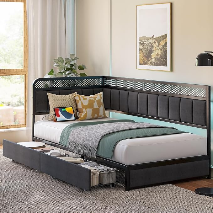 LIKIMIO Twin XL Corner Bed Frame, Modern Daybed with Upholstered Guardrail | Under-Bed Storage Drawers, Built-in Charging Station, Adjustable Smart LED Lights, Gray