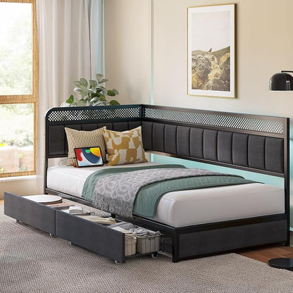 LIKIMIO Twin XL Corner Bed Frame, Modern Daybed with Upholstered Guardrail | Under-Bed Storage Drawers, Built-in Charging Station, Adjustable Smart LED Lights, Gray