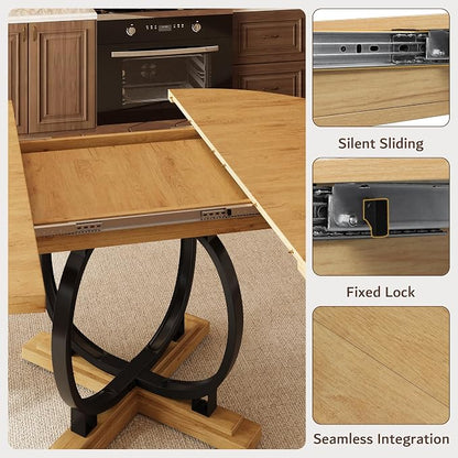 iPormis 59'' Extendable Round Dining Table for 4 to 6, Kitchen Table with Sturdy X-Base Metal Legs, MDF Board with Backboard Clasp, Space Saving, Easy Assembly, Kitchen, Dining Room, Oak