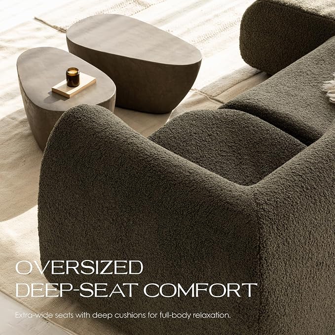 110" 3-Seater Modular Sectional Sofa, Sherpa Cloud Couch with Deep Seat Comfort, Boneless Curved Sofas with High-Density Foam Strong Support, Modern Cozy Sofa for Living Room – No Assembly, Green
