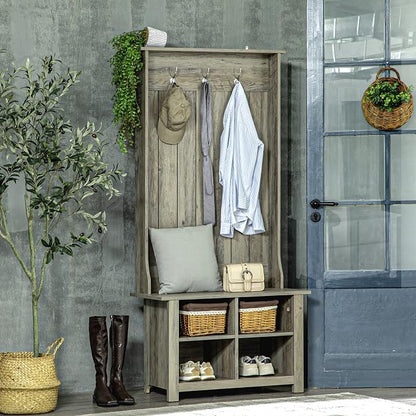 HOMCOM Hall Tree with Shoe Storage Bench, Entryway Bench with Coat Rack, Accent Coat Tree with Adjustable Shelves for Hallway, Living Room, Grey