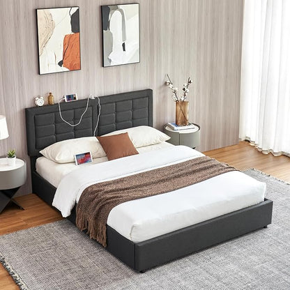 VECELO Full Size Bed Frame with 4 Drawers, Adjustable Tufted Button Headboard, Upholstered Platform with Wood Slats Support, Built-in USB and Type C Ports, Dark Gray