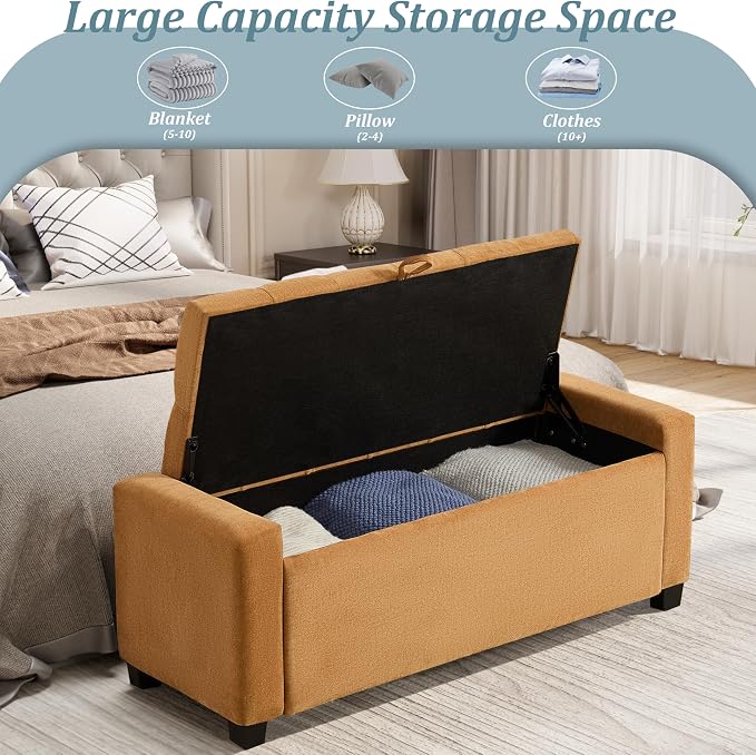 Royal Windsor Ottoman with Storage,Tufted Storage Bench with Safety Hinge,Holds up to 350 lb,Upholstered Bench with Seating for Bedroom, Living Room,Entryway,Ginger