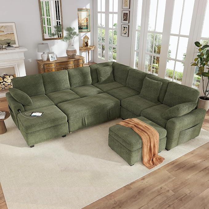 Hanherry 106" Sectional Sofa with Pull Out Couch Bed,7 Seat Corduroy Sleeper Sofa with 2 Seat Storage & USB Charging,Storage Ottoman,Comfy Modular Couches for Living Room,Apartment