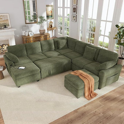 Hanherry 106" Sectional Sofa with Pull Out Couch Bed,7 Seat Corduroy Sleeper Sofa with 2 Seat Storage & USB Charging,Storage Ottoman,Comfy Modular Couches for Living Room,Apartment